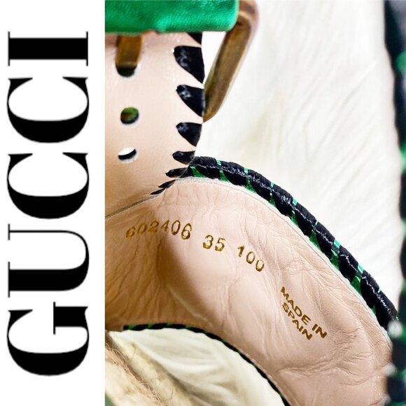 NWT GUCCI Nappa Silk Leather GG Logo Metallic Green Platform Espadrilles, 35 - Picture 8 of 14